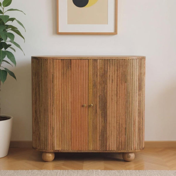 HomeRoots 35" Handcrafted Brown Solid Wood Oval Accent Cabinet with Ribbed Texture & Two Doors for Storage 654277