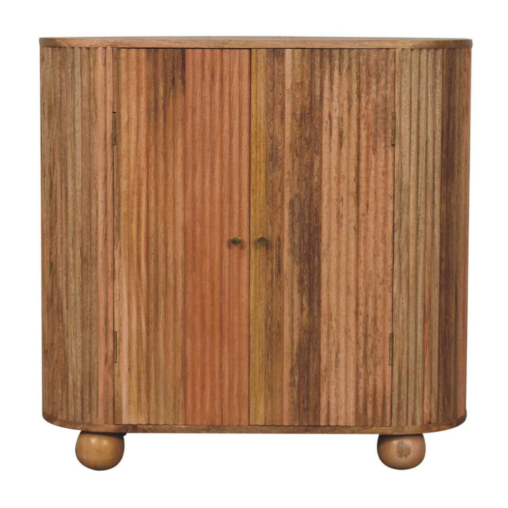 HomeRoots 35" Handcrafted Brown Solid Wood Oval Accent Cabinet with Ribbed Texture & Two Doors for Storage 654277