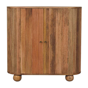 HomeRoots 35" Handcrafted Brown Solid Wood Oval Accent Cabinet with Ribbed Texture & Two Doors for Storage 654277