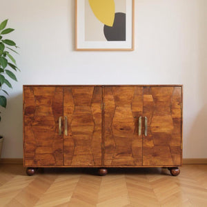 HomeRoots 36" Chestnut Solid Wood Accent Cabinet with Geometric Carving, 4 Doors & Elegant Gold Pulls 654278