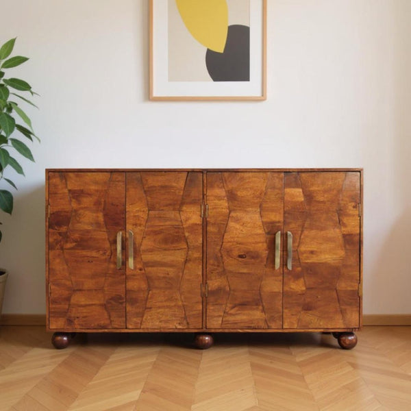 HomeRoots 36" Chestnut Solid Wood Accent Cabinet with Geometric Carving, 4 Doors & Elegant Gold Pulls 654278
