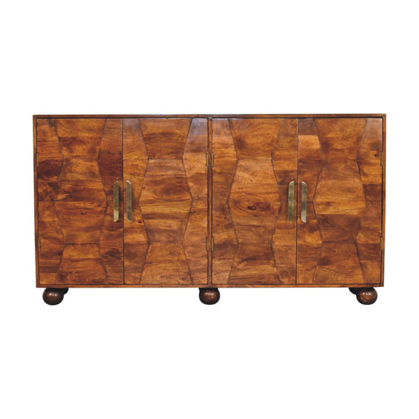 HomeRoots 36" Chestnut Solid Wood Accent Cabinet with Geometric Carving, 4 Doors & Elegant Gold Pulls 654278