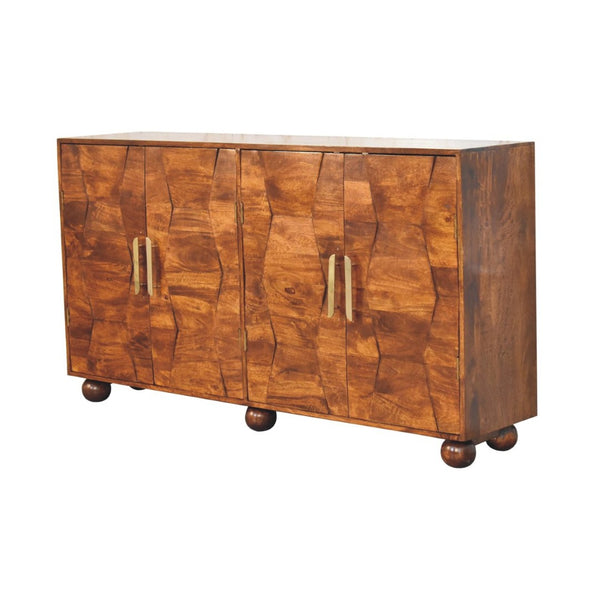 HomeRoots 36" Chestnut Solid Wood Accent Cabinet with Geometric Carving, 4 Doors & Elegant Gold Pulls 654278