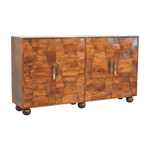 HomeRoots 36" Chestnut Solid Wood Accent Cabinet with Geometric Carving, 4 Doors & Elegant Gold Pulls 654278