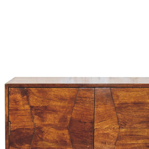 HomeRoots 36" Chestnut Solid Wood Accent Cabinet with Geometric Carving, 4 Doors & Elegant Gold Pulls 654278