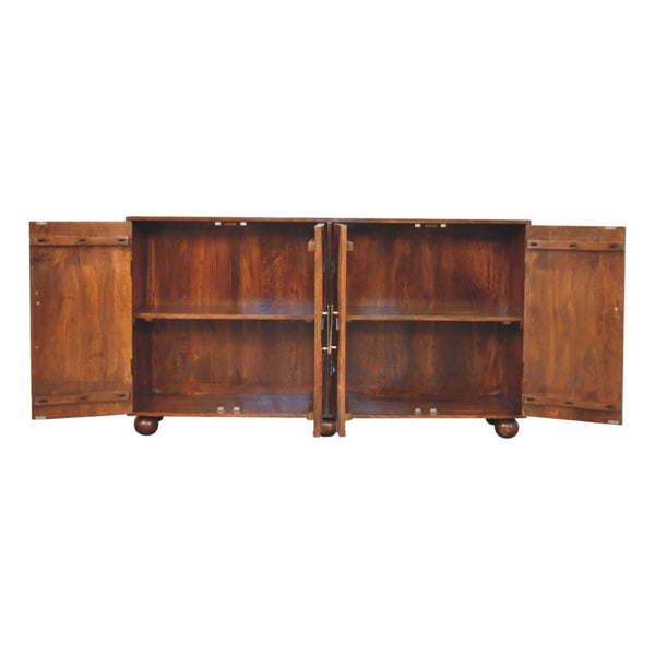 HomeRoots 36" Chestnut Solid Wood Accent Cabinet with Geometric Carving, 4 Doors & Elegant Gold Pulls 654278