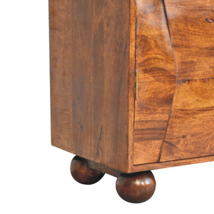 HomeRoots 36" Chestnut Solid Wood Accent Cabinet with Geometric Carving, 4 Doors & Elegant Gold Pulls 654278