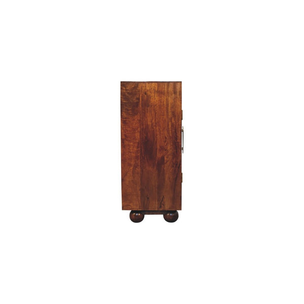 HomeRoots 36" Chestnut Solid Wood Accent Cabinet with Geometric Carving, 4 Doors & Elegant Gold Pulls 654278