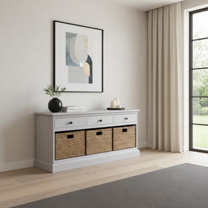 HomeRoots 47" White and Natural Solid Wood Storage Bench with Rattan Baskets and Drawers for Entryway Charm 654279