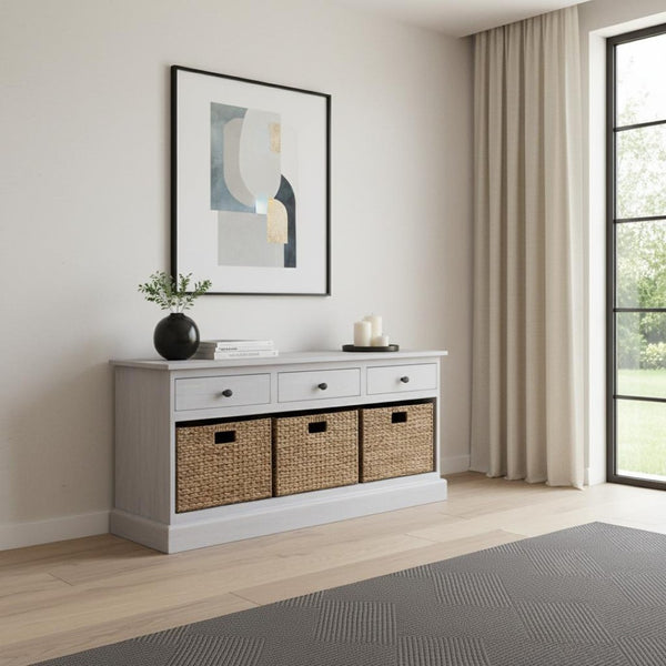 HomeRoots 47" White and Natural Solid Wood Storage Bench with Rattan Baskets and Drawers for Entryway Charm 654279