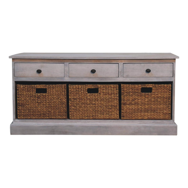 HomeRoots 47" White and Natural Solid Wood Storage Bench with Rattan Baskets and Drawers for Entryway Charm 654279