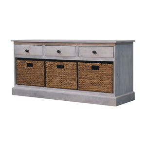 HomeRoots 47" White and Natural Solid Wood Storage Bench with Rattan Baskets and Drawers for Entryway Charm 654279