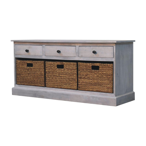 HomeRoots 47" White and Natural Solid Wood Storage Bench with Rattan Baskets and Drawers for Entryway Charm 654279