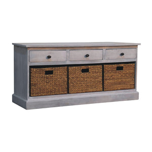 HomeRoots 47" White and Natural Solid Wood Storage Bench with Rattan Baskets and Drawers for Entryway Charm 654279