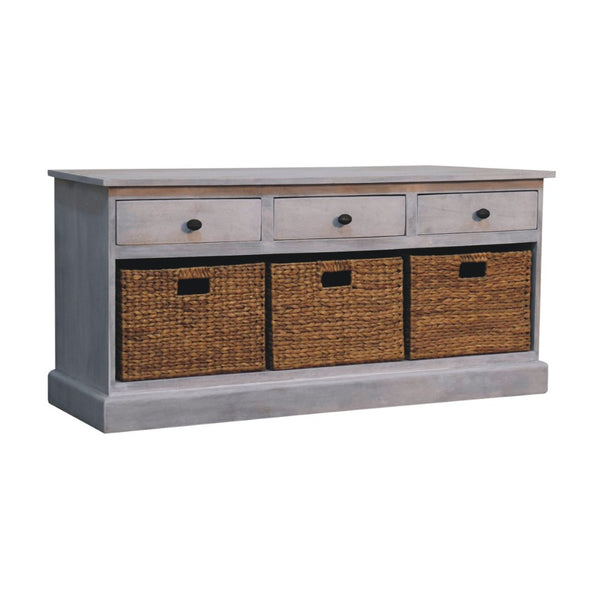 HomeRoots 47" White and Natural Solid Wood Storage Bench with Rattan Baskets and Drawers for Entryway Charm 654279
