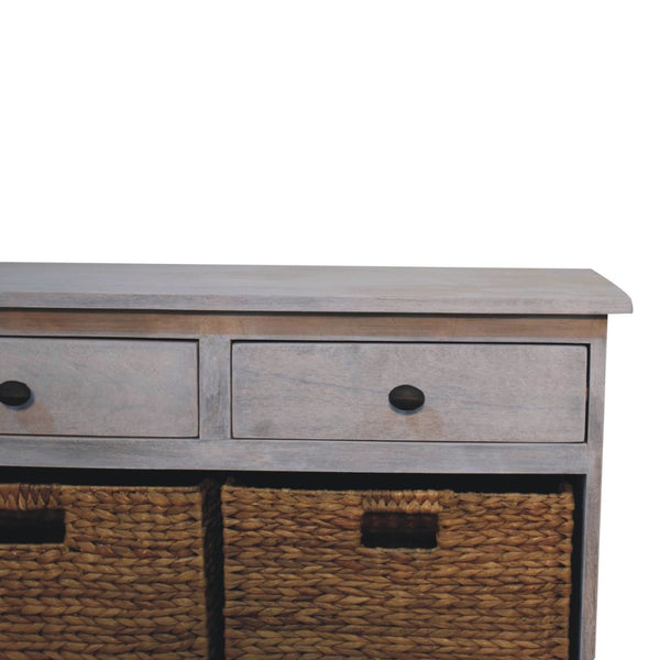 HomeRoots 47" White and Natural Solid Wood Storage Bench with Rattan Baskets and Drawers for Entryway Charm 654279
