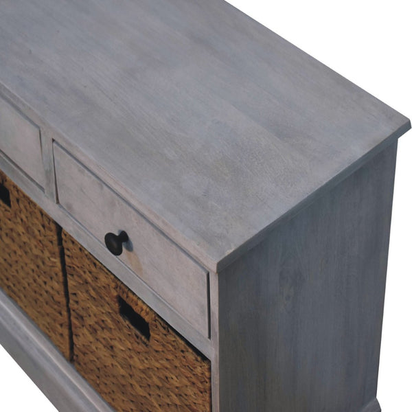 HomeRoots 47" White and Natural Solid Wood Storage Bench with Rattan Baskets and Drawers for Entryway Charm 654279
