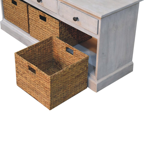 HomeRoots 47" White and Natural Solid Wood Storage Bench with Rattan Baskets and Drawers for Entryway Charm 654279