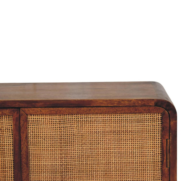 HomeRoots 33" Brown Solid Wood Accent Cabinet with Inlaid Rattan Doors for Rustic Storage & Style Upgrade 654280
