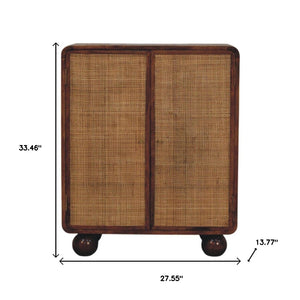HomeRoots 33" Brown Solid Wood Accent Cabinet with Inlaid Rattan Doors for Rustic Storage & Style Upgrade 654280