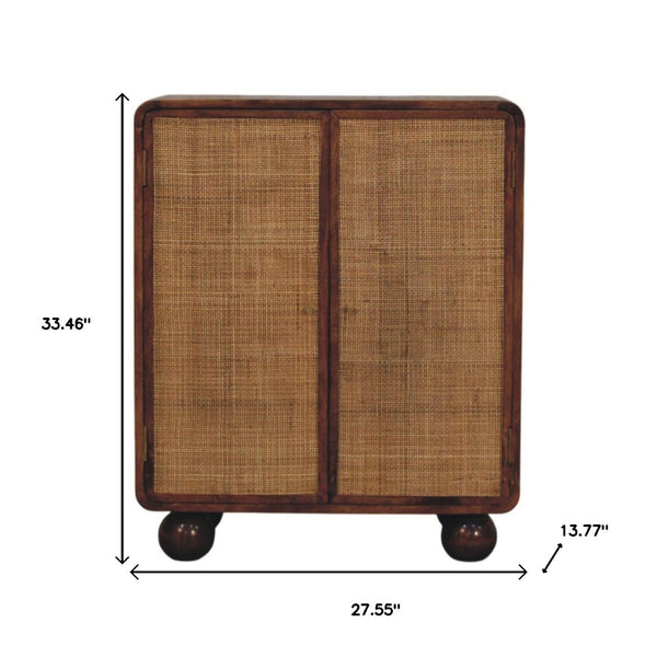 HomeRoots 33" Brown Solid Wood Accent Cabinet with Inlaid Rattan Doors for Rustic Storage & Style Upgrade 654280