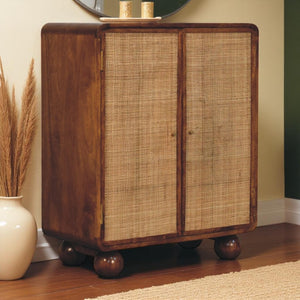 HomeRoots 33" Brown Solid Wood Accent Cabinet with Inlaid Rattan Doors for Rustic Storage & Style Upgrade 654280