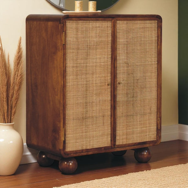 HomeRoots 33" Brown Solid Wood Accent Cabinet with Inlaid Rattan Doors for Rustic Storage & Style Upgrade 654280