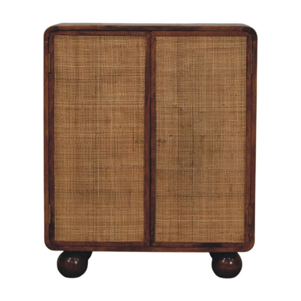 HomeRoots 33" Brown Solid Wood Accent Cabinet with Inlaid Rattan Doors for Rustic Storage & Style Upgrade 654280