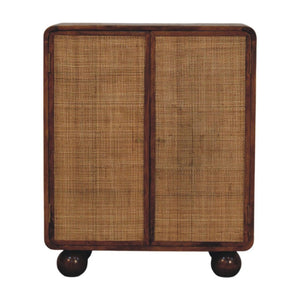HomeRoots 33" Brown Solid Wood Accent Cabinet with Inlaid Rattan Doors for Rustic Storage & Style Upgrade 654280