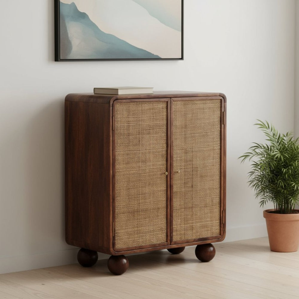 HomeRoots 33" Brown Solid Wood Accent Cabinet with Inlaid Rattan Doors for Rustic Storage & Style Upgrade 654280
