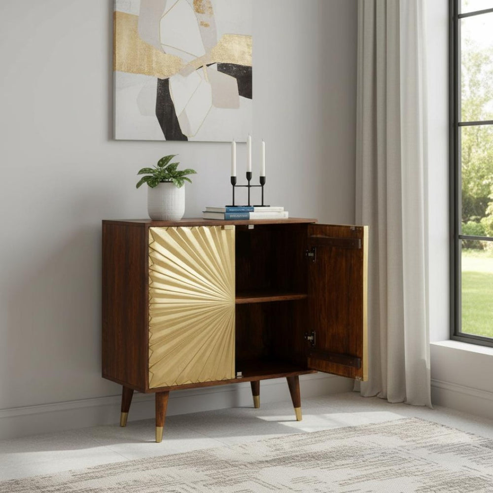 HomeRoots 32" Chic Chestnut & Gold Solid Wood Accent Cabinet - Elegant Two-Door Design for Stylish Storage 654281