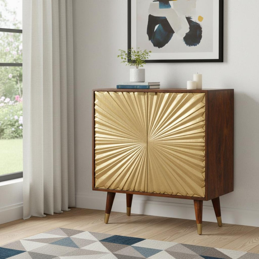 HomeRoots 32" Chic Chestnut & Gold Solid Wood Accent Cabinet - Elegant Two-Door Design for Stylish Storage 654281
