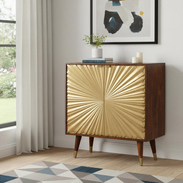 HomeRoots 32" Chic Chestnut & Gold Solid Wood Accent Cabinet - Elegant Two-Door Design for Stylish Storage 654281