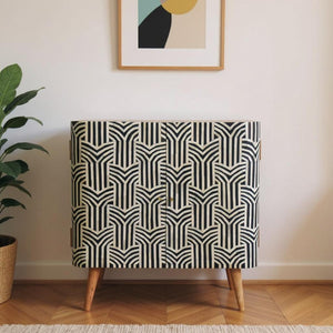 HomeRoots 32" Handcrafted Dark Brown & Black Solid Wood Accent Cabinet with Unique Bone Inlay Design & Storage 654282