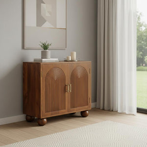 HomeRoots 27" Chestnut Solid Mango Wood Accent Cabinet with Geometric Texture for Stylish Storage Solutions 654283