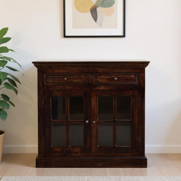 HomeRoots 35" Handcrafted Walnut Solid Wood Accent Cabinet with Glass Doors and Spacious Storage Drawers 654284