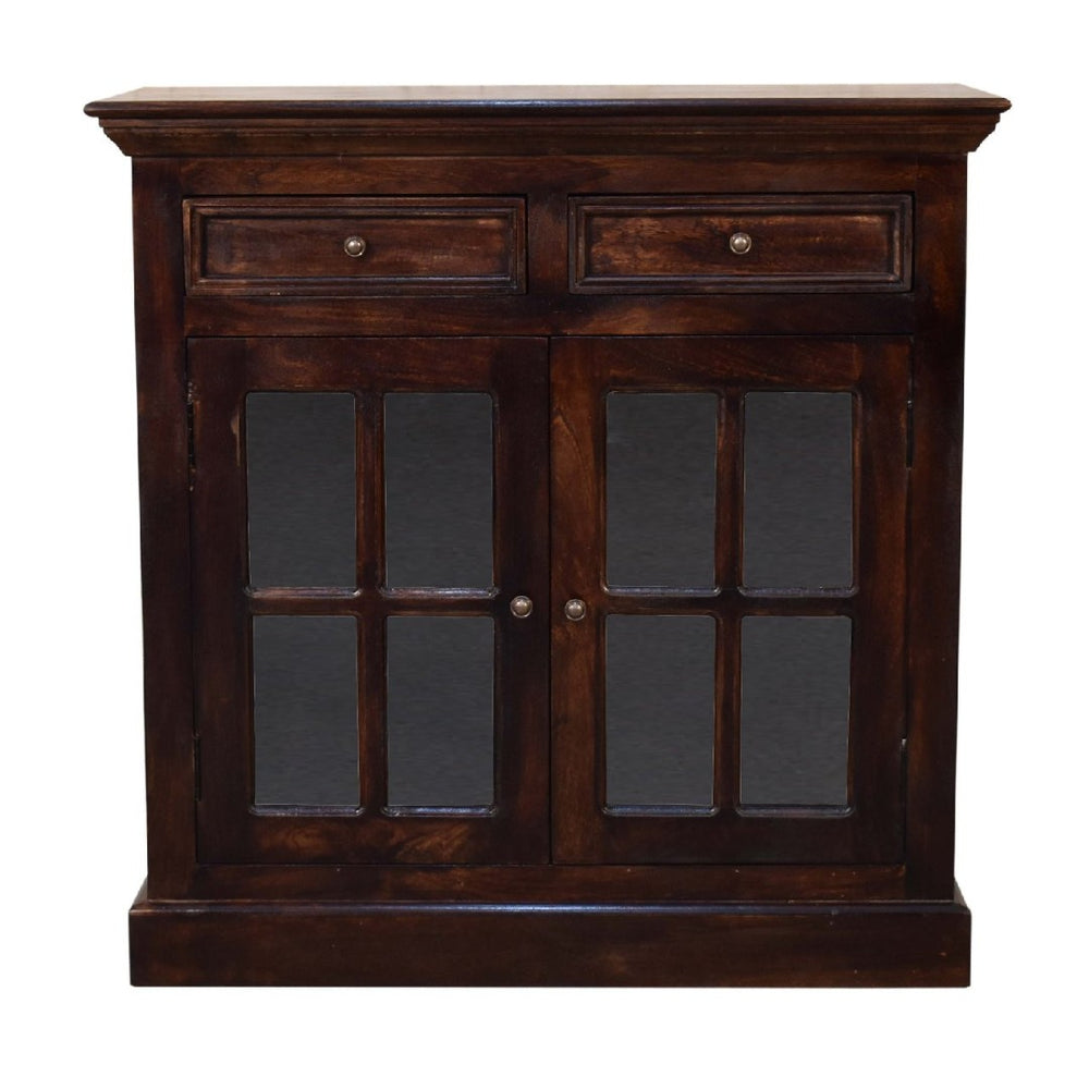 HomeRoots 35" Handcrafted Walnut Solid Wood Accent Cabinet with Glass Doors and Spacious Storage Drawers 654284