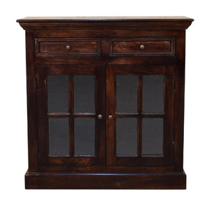 HomeRoots 35" Handcrafted Walnut Solid Wood Accent Cabinet with Glass Doors and Spacious Storage Drawers 654284