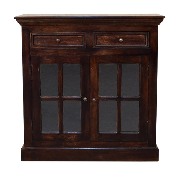 HomeRoots 35" Handcrafted Walnut Solid Wood Accent Cabinet with Glass Doors and Spacious Storage Drawers 654284