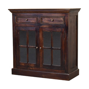 HomeRoots 35" Handcrafted Walnut Solid Wood Accent Cabinet with Glass Doors and Spacious Storage Drawers 654284