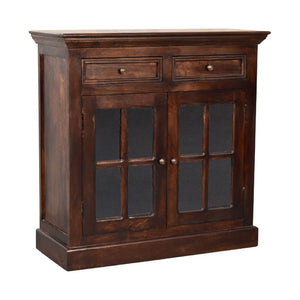 HomeRoots 35" Handcrafted Walnut Solid Wood Accent Cabinet with Glass Doors and Spacious Storage Drawers 654284
