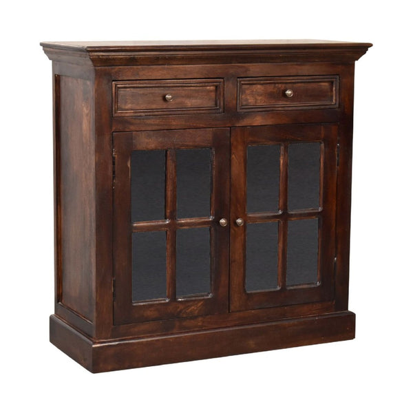 HomeRoots 35" Handcrafted Walnut Solid Wood Accent Cabinet with Glass Doors and Spacious Storage Drawers 654284