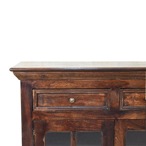 HomeRoots 35" Handcrafted Walnut Solid Wood Accent Cabinet with Glass Doors and Spacious Storage Drawers 654284