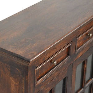 HomeRoots 35" Handcrafted Walnut Solid Wood Accent Cabinet with Glass Doors and Spacious Storage Drawers 654284
