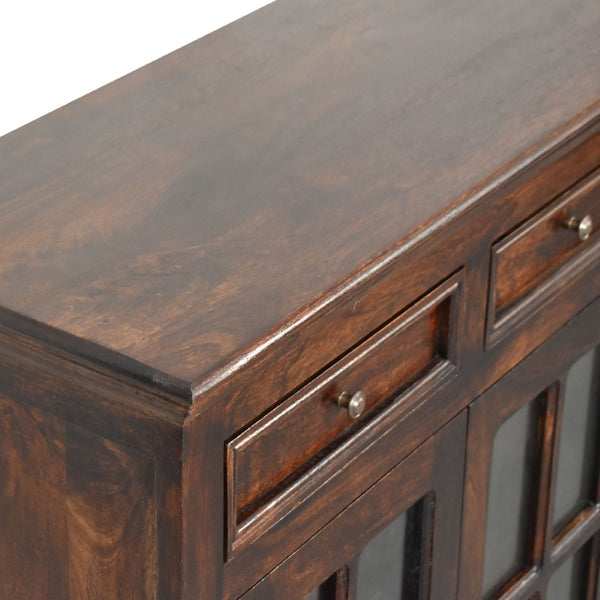 HomeRoots 35" Handcrafted Walnut Solid Wood Accent Cabinet with Glass Doors and Spacious Storage Drawers 654284