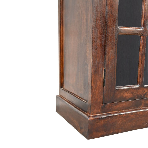HomeRoots 35" Handcrafted Walnut Solid Wood Accent Cabinet with Glass Doors and Spacious Storage Drawers 654284
