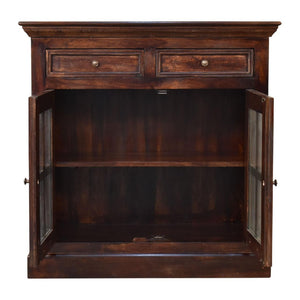 HomeRoots 35" Handcrafted Walnut Solid Wood Accent Cabinet with Glass Doors and Spacious Storage Drawers 654284