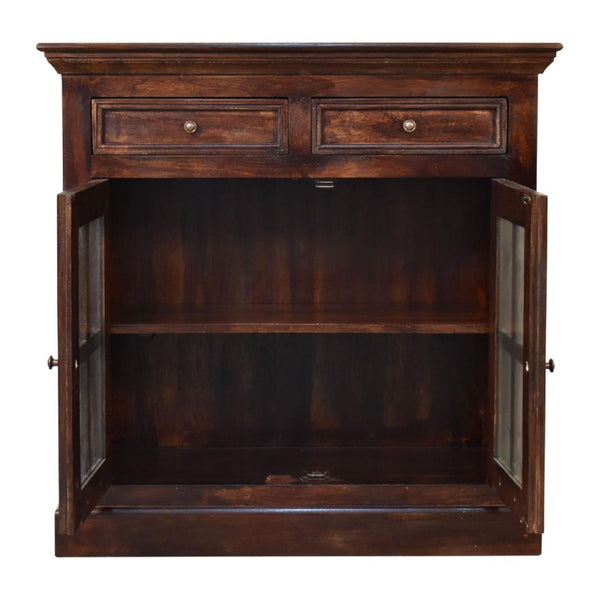 HomeRoots 35" Handcrafted Walnut Solid Wood Accent Cabinet with Glass Doors and Spacious Storage Drawers 654284