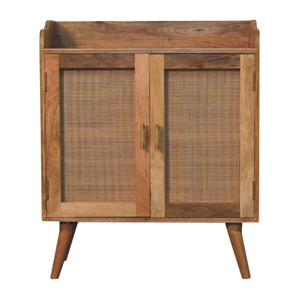 HomeRoots 35" Rustic Boho-Chic Distressed Wood Cabinet with Rattan Inlay – Stylish Storage Solution for Any Room 654286