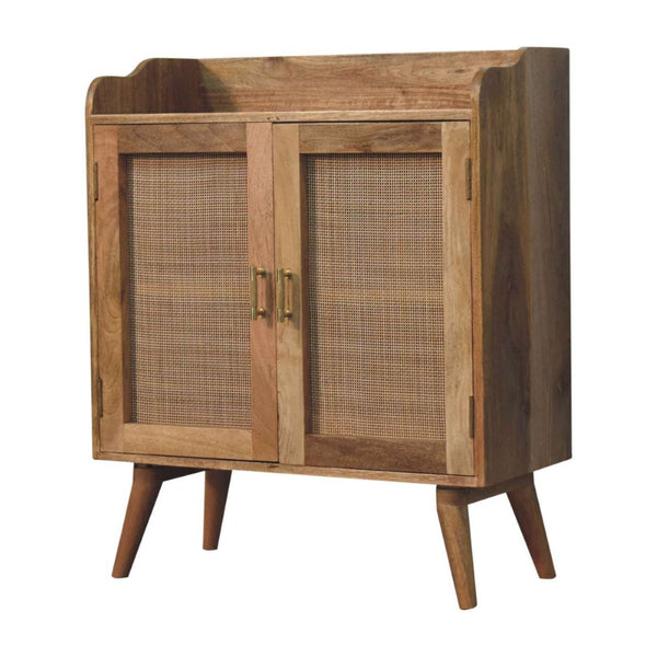 HomeRoots 35" Rustic Boho-Chic Distressed Wood Cabinet with Rattan Inlay – Stylish Storage Solution for Any Room 654286